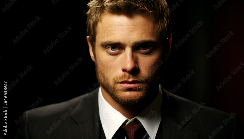Close up of handsome blonde male in suit - black backdrop - close-up potrait - Generative Ai Close up of handsome blonde male in suit - black backdrop - close-up potrait - Generative Ai