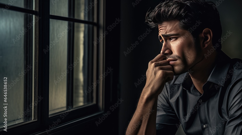 pensive man gazing thoughtful out of a window. photo that resonates with themes of reflection, solitude, and personal growth. man pensive man gazing thoughtful out of a window. photo that resonates with themes of reflection, solitude, and personal growth. man