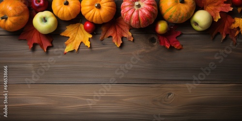 Thanksgiving pumpkins and leaves on rustic wooden table background - Thanksgiving / Harvest Concept, generative ai