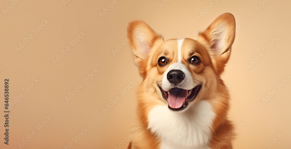 Portrait of a dog breed Welsh Corgi on beige background, close-up, banner, space for text Portrait of a dog breed Welsh Corgi on beige background, close-up, banner, space for text