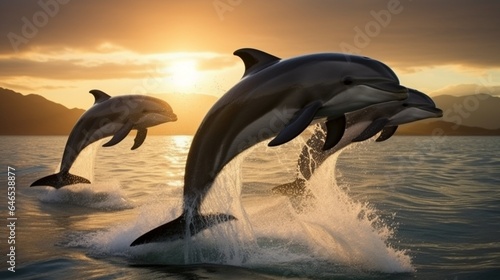 A trio of leaping dolphins captured in mid-air during a high-speed chase