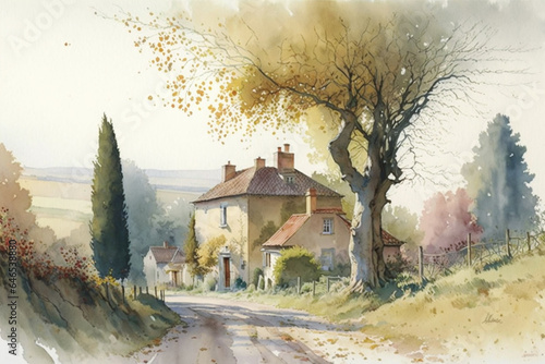A rural landscape somewhere in Europe or France. A fine mansion can be seen in image. Rustic and resonant watercolor painting