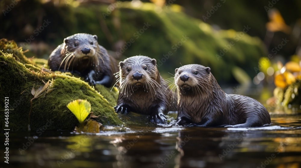 A trio of river otters sliding down a mossy riverbank into crystal-clear water