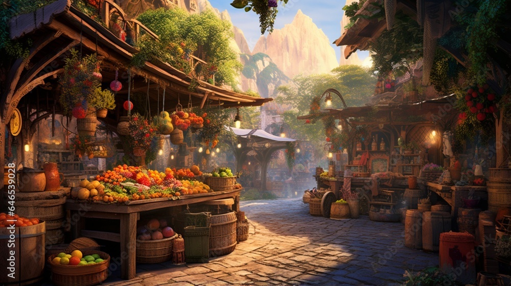 a vibrant and bustling village market, with colorful stalls, exotic fruits, and the lively energy