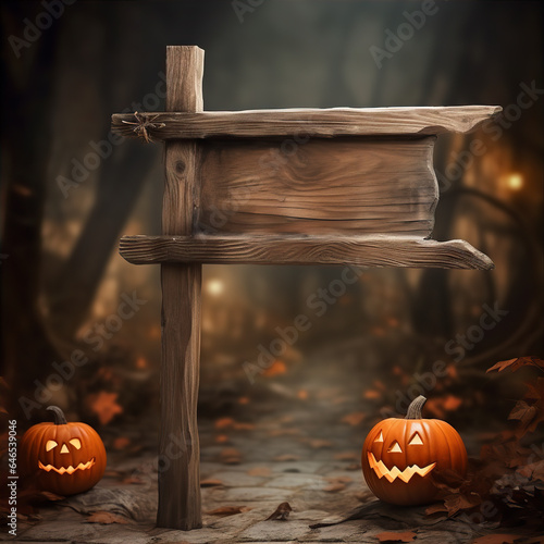 Rustic Wooden Blank Empty Sign Post Outdoors Halloween Background
