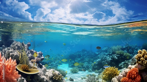 A vibrant coral reef teeming with exotic marine life in crystal-clear waters © ra0