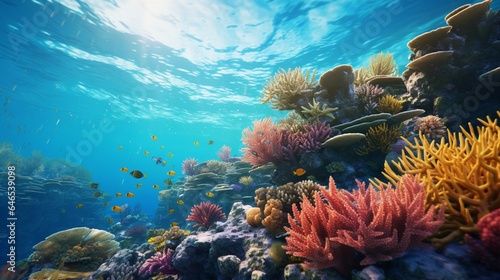 A vibrant coral reef teeming with exotic marine life in crystal-clear waters