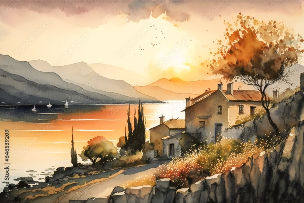 View of a country town somewhere in Greece. It is sunset time and the sky is changing to beautiful red. Traditional stone houses, beautiful sea and boats. Rustic and resonant watercolor painting. - obrazy, fototapety, plakaty 