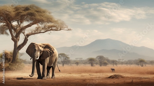 A wise old elephant standing tall amidst a serene, dusty African landscape © ra0