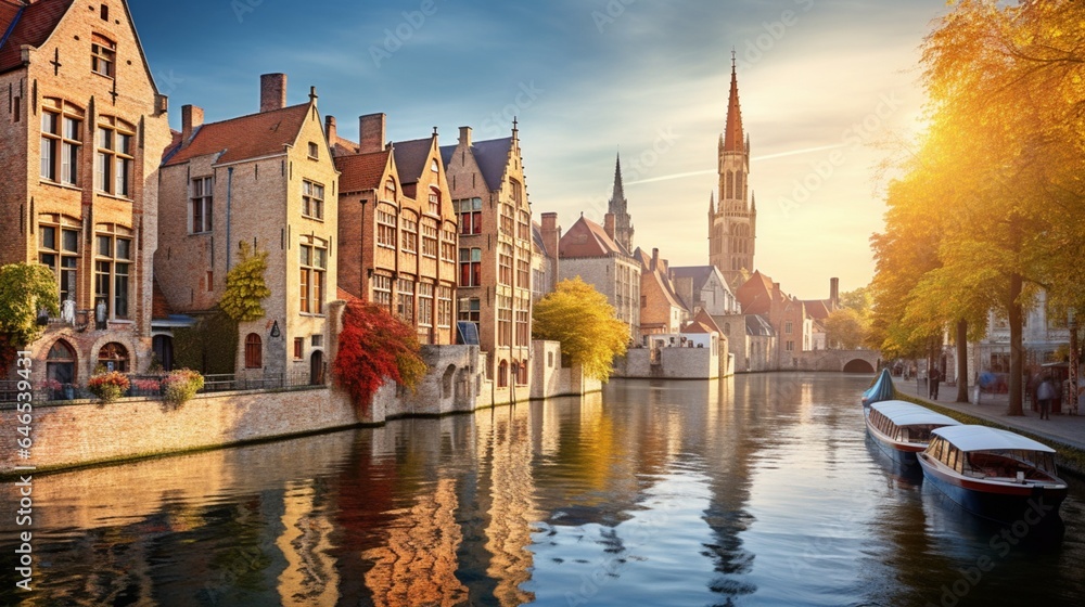 An enchanting canal winding through a historic city, flanked by colorful, centuries-old buildings