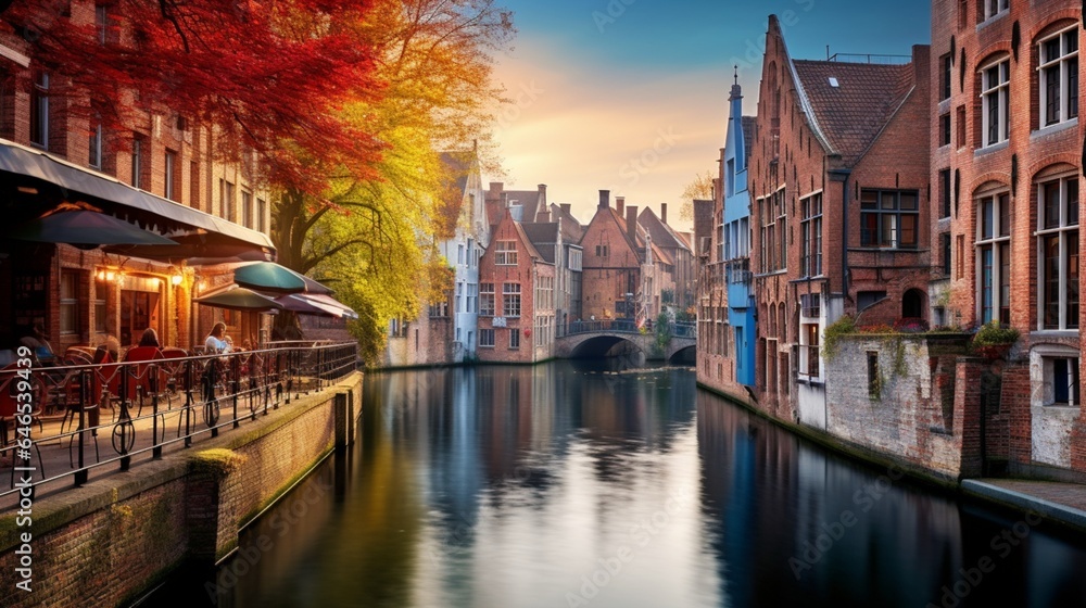 An enchanting canal winding through a historic city, flanked by colorful, centuries-old buildings
