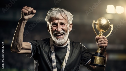 athletic elderly man proudly holding a golden trophy. perfect for motivational content and sports-related campaigns.