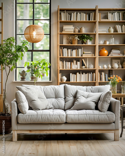 Grey sofa against window and book shelving unit. Scandinavian home interior design of modern living room.