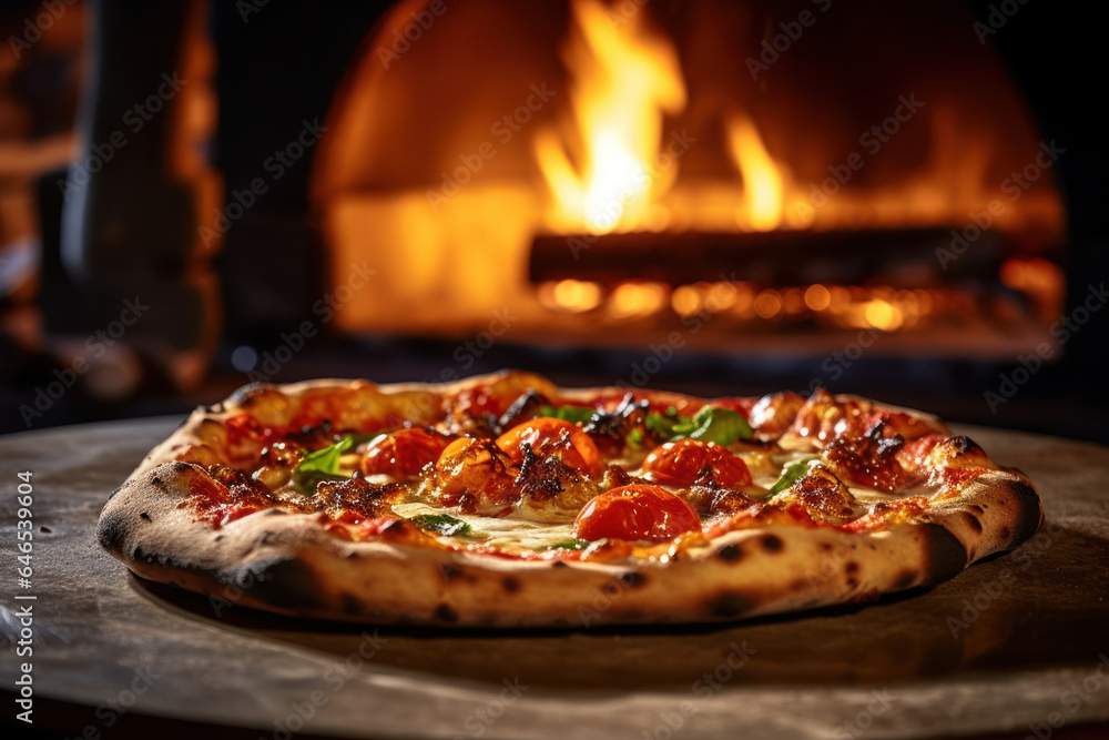 A delicious, hot, Italian pizza in front of a charcoal oven with a burning fire.