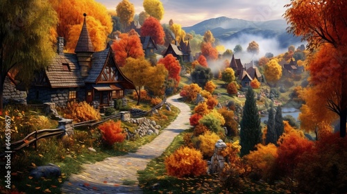 traditional village nestled amidst autumn foliage, with red and gold leaves, cozy cottages © ra0