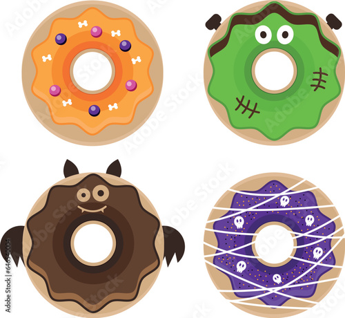 Collection of Halloween donuts. Flat illustration.