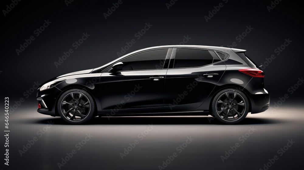 Automotive design of a sleek black hatchback from a side view. Ideal for automotive enthusiasts, designers, and advertising agencies.