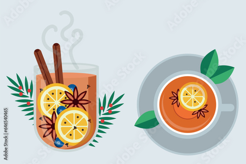 Hot tea on a white background. Winter and autumn edition. Flat vector illustration.