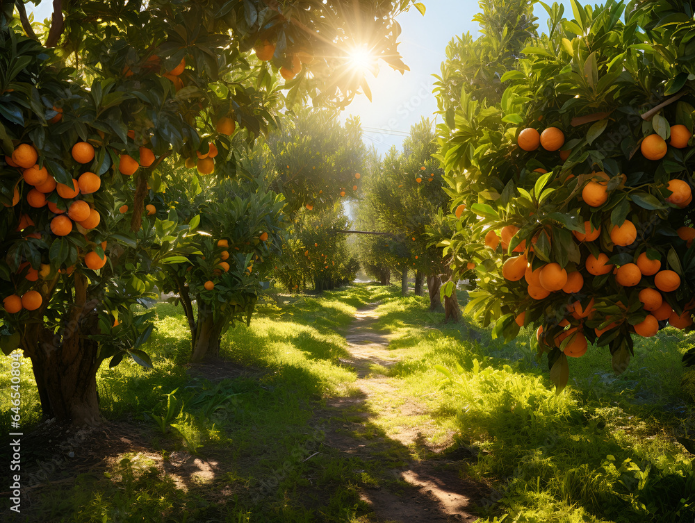 Close up of green mandarin trees on a field, bright sun light shining - obrazy, fototapety, plakaty 