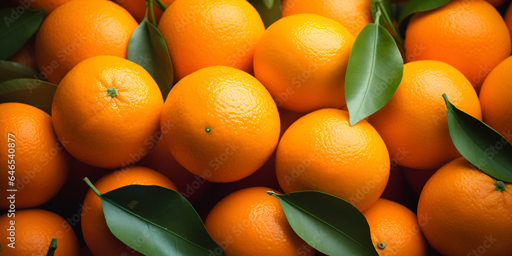 Fresh oranges with green leaves on shelf in a grocery store Fresh oranges with green leaves on shelf in a grocery store