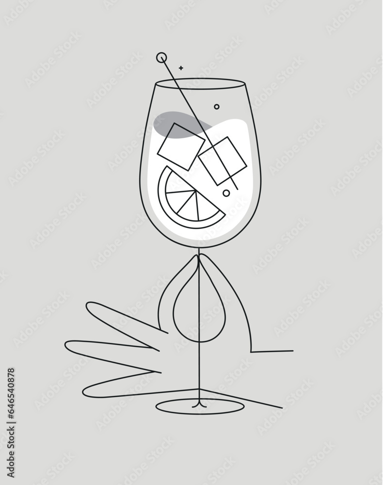 Hand holding glass of spritz cocktail drawing in flat line style on grey background