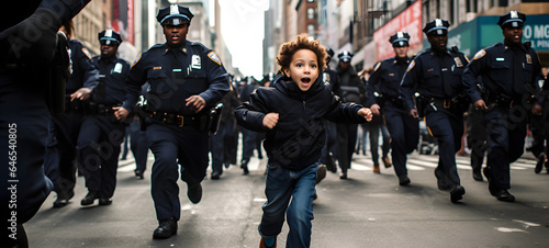 Kid running from the cops, New York, big city, policeman