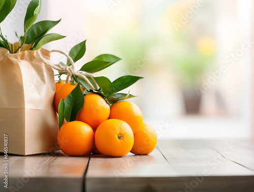 Fresh oranges with green leaves on table with eco bag, blurred background 