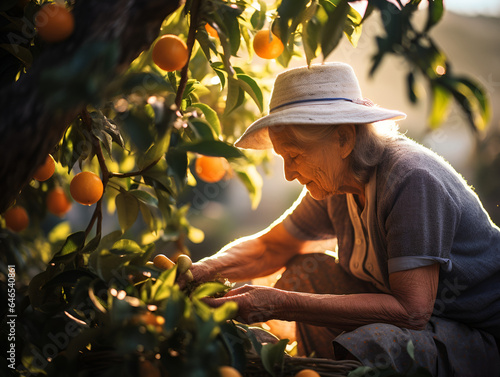 Older woman harvesting fresh oranges, wearing a hat with bright sun light shining