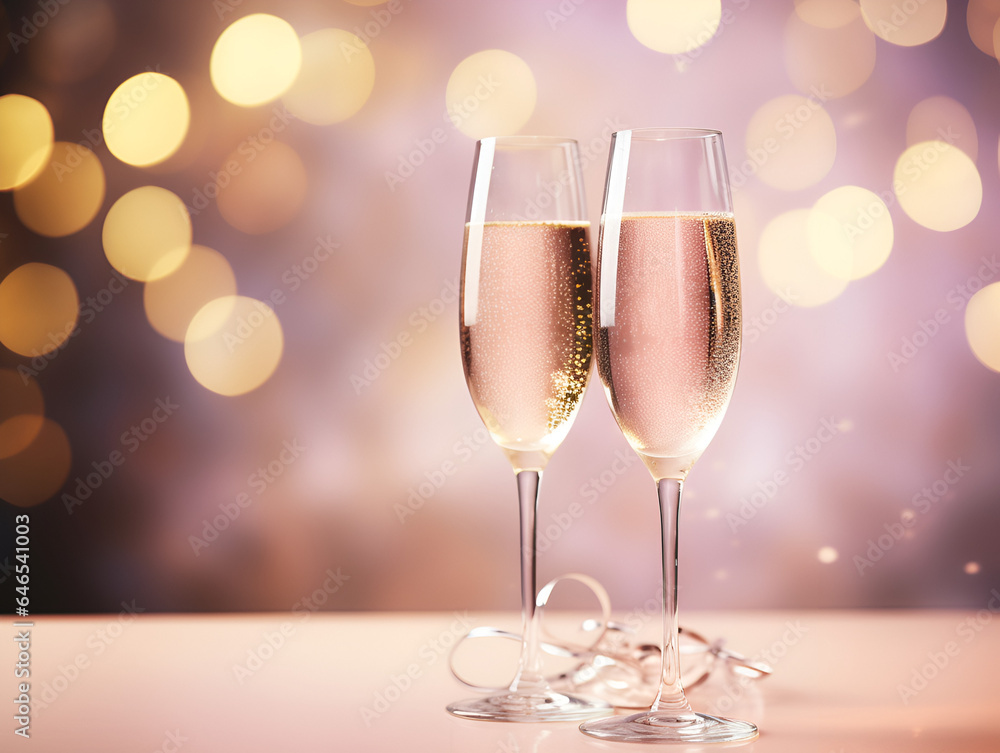 Two glasses of champagne on table, blurred pink background with lights Two glasses of champagne on table, blurred pink background with lights