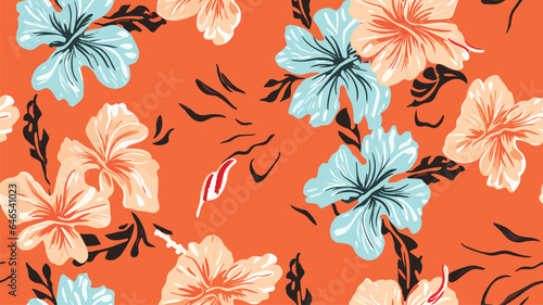 Abstract hand drawn flower seamless pattern illustration. Colorful hawaiian print  summer floral background in vintage art style. Hibiscus blossom plant painting texture.