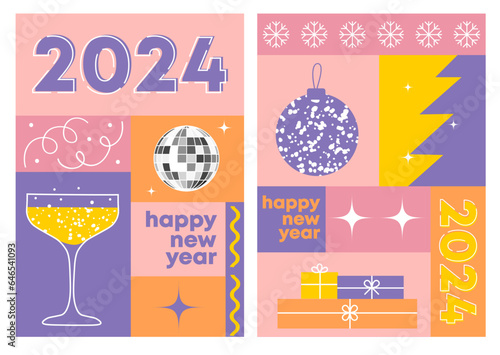Happy new year graphic design. Geometric abstract background. Decorative vector illustration. Winter holidays. Bauhaus influence.