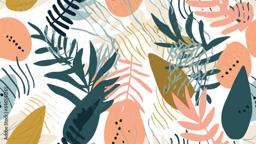 Abstract nature shape seamless pattern with tropical plant leaf and paint doodles in pastel color. Minimalist hand drawn background, wallpaper or fashion print