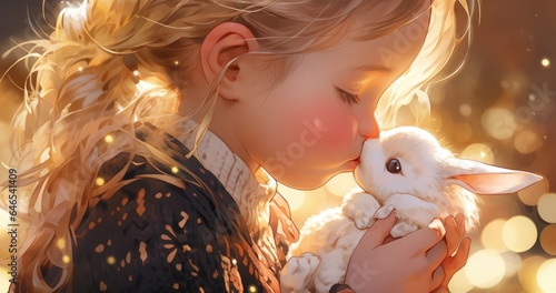 A little girl holding a white rabbit in her hands