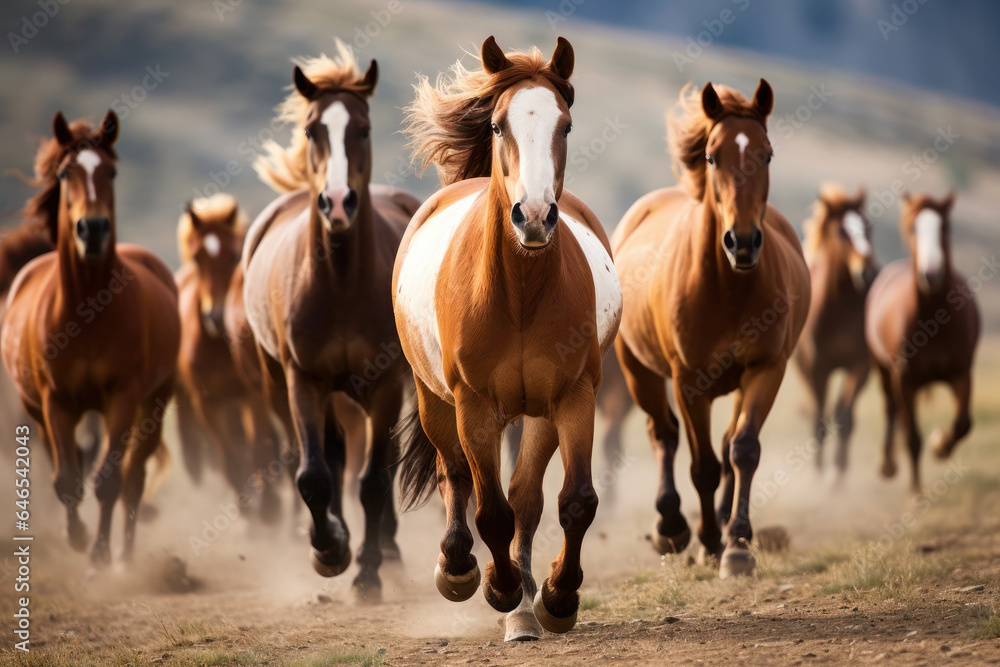 Fototapeta premium a herd of horses run across the field, steppe. many animals, pets graze. farm or household. strength and speed
