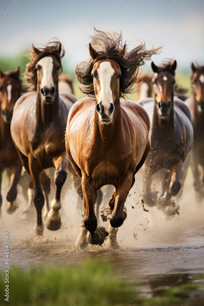 Fototapeta premium a herd of horses run across the field, steppe. many animals, pets graze. farm or household. strength and speed
