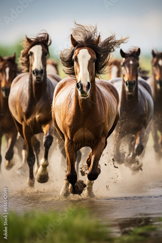 a herd of horses run across the field  steppe. many animals  pets graze. farm or household. strength and speed