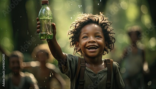 Happy African kid haolding a bottle of water. 