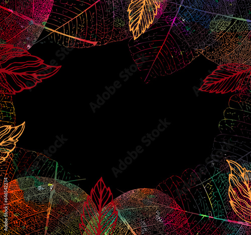 colored autumn leaves frame. Black background. Vector illustration