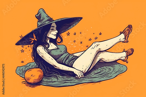 modern illustration of a happy beautiful witch sunbathin photo