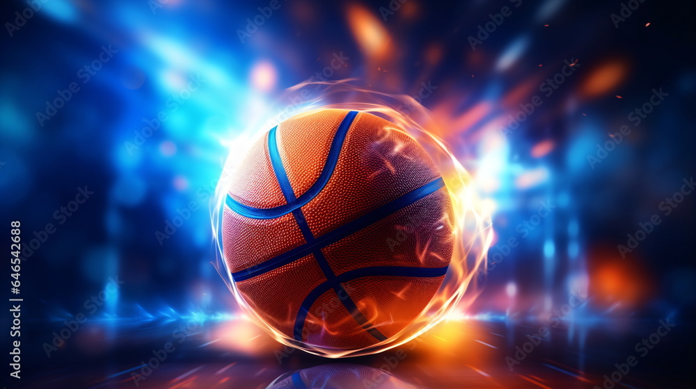 Fiery Basketball In Flames, neon lines basketball light background arena. Futuristic sports concept. Generative AI Fiery Basketball In Flames, neon lines basketball light background arena. Futuristic sports concept. Generative AI