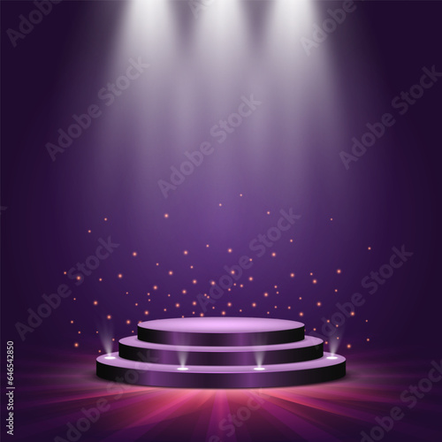Round podium illuminated by spotlights. Empty pedestal for award ceremony or presentation. Vector illustration.