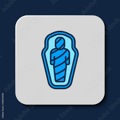 Filled outline Egypt mummy in sarcophagus icon isolated on blue background. Vector