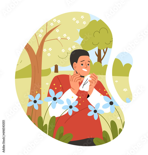 Man with allergy concept. Young guy with blue flowers at meadow. Illness and disease. Seasonal exacerbation of chronic disease. Person with allergen. Cartoon flat vector illustration