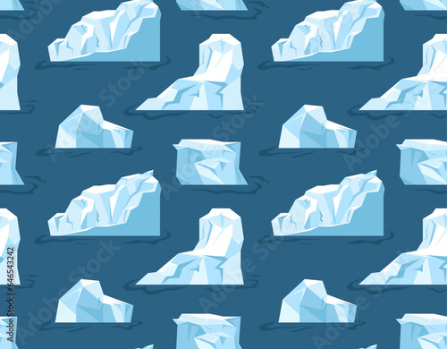 Arctic ice seamless pattern concept. Repeating design element for printing on fabric. Ice floes in water, icebergs. Arctic Ocean and Antarctica. Cartoon flat vector illustration