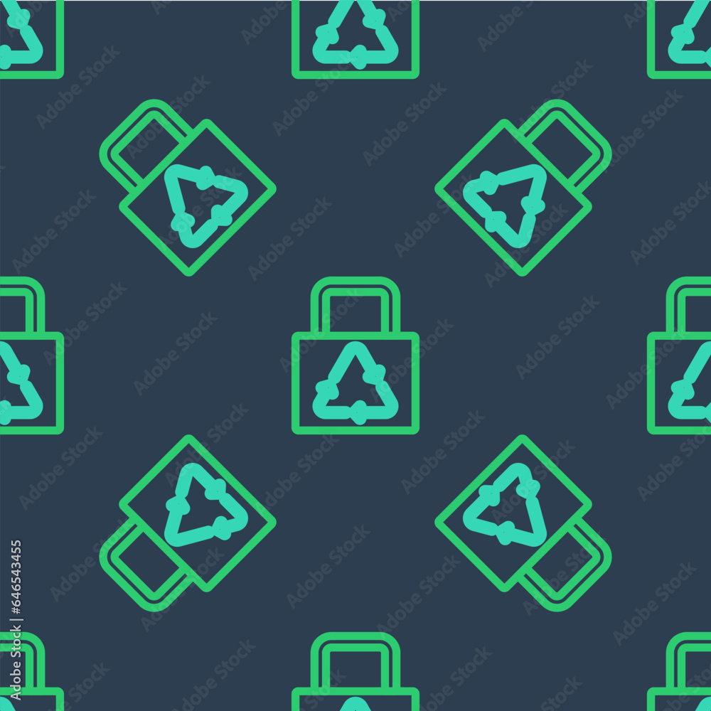 Line Paper shopping bag with recycle icon isolated seamless pattern on blue background. Bag with recycling symbol. Vector Line Paper shopping bag with recycle icon isolated seamless pattern on blue background. Bag with recycling symbol. Vector