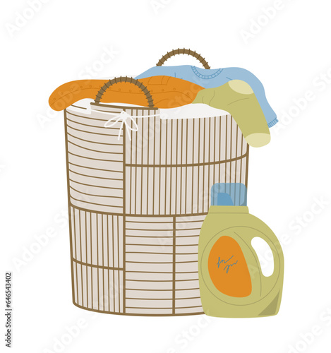 Basket with clean clothes concept. Stack of shirts and jeans near detergent. Routine and household chores. Poster or banner. Cartoon flat vector illustration isolated on white backgrond