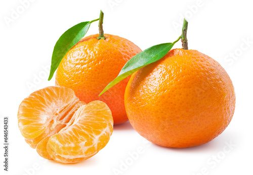 Tangerines or clementines with green leaf on white background. Half of a peeled tangerine