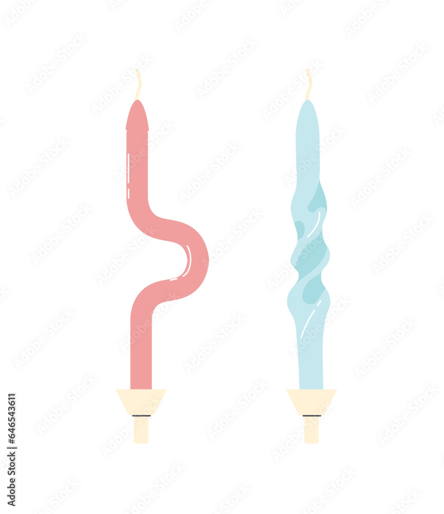 Birthday candles of different form concept. Pink and blue wax objects. Event and festival. Template, layout and mock up. Cartoon flat vector illustration isolated on white background Birthday candles of different form concept. Pink and blue wax objects. Event and festival. Template, layout and mock up. Cartoon flat vector illustration isolated on white background