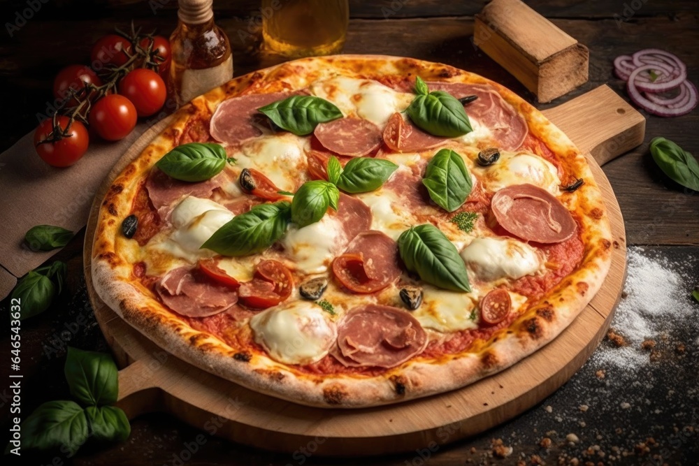 Pizza with salami, mozzarella cheese and basil on wooden background