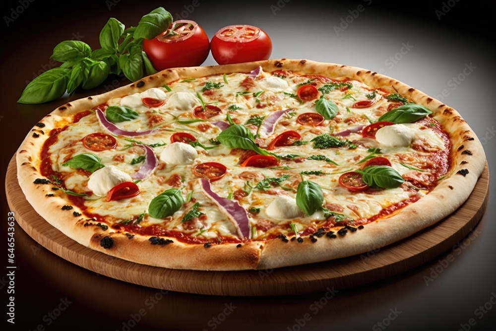 Pizza with mozzarella cheese, tomatoes and basil on a black background Pizza with mozzarella cheese, tomatoes and basil on a black background